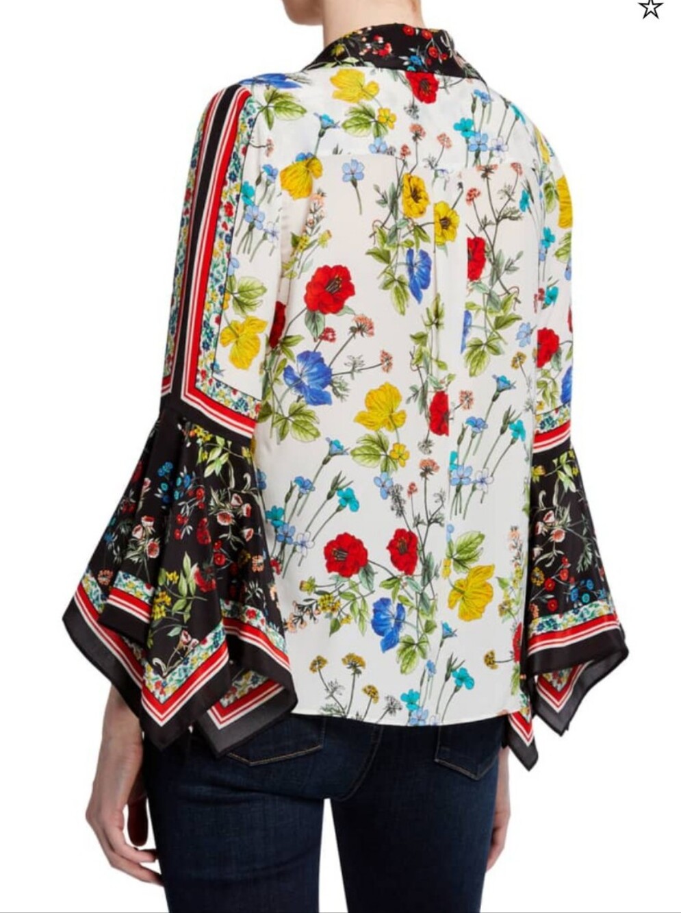 NWOT Alice And Olivia Randa Floral Print Button Down Trumpet Sleeve Blouse Silk - Picture 2 of 6